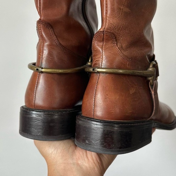 CHICEST VINTAGE BROWN LEATHER EQUESTRIAN RIDING BOOTS BRASS HEEL HARDWARE - 8.5 - Picture 6 of 10